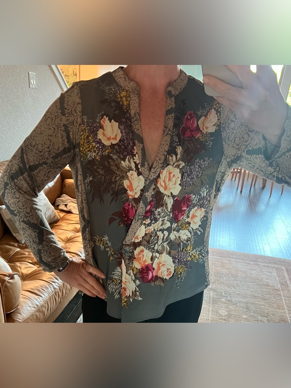 Anthropologie Floral V-Neck Blouse in Slate Gray with Rose Print